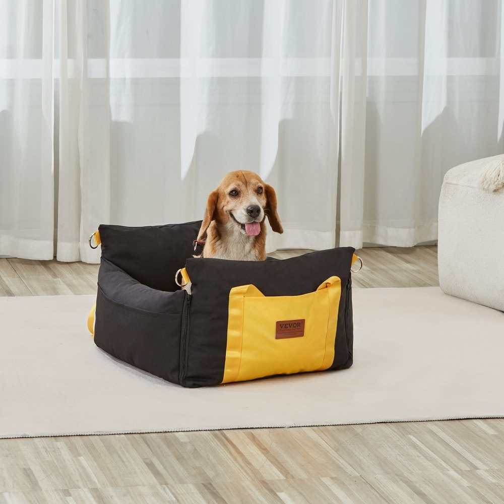 Dog Car Seat Booster Seat with Side Handles and Storage Bag, Attachable Safety Leash and PP Cotton Filling, Dog Car Bed for Small Dogs up to 25 Pounds, Black