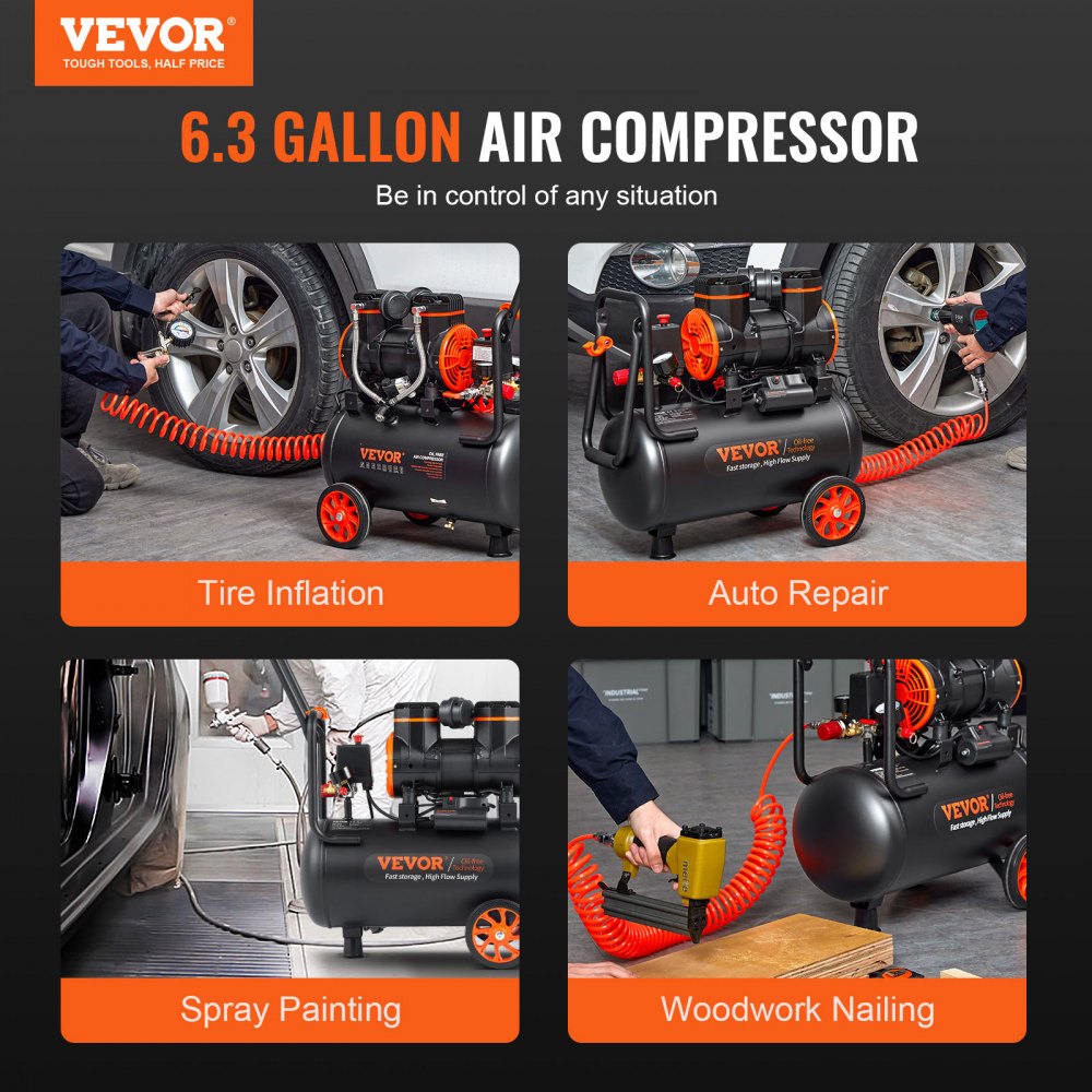 Stille luchtcompressor, 2800 tpm, fluistercompressor, 70 dB, olievrije compressor met 2 wielen, druktank van 24 liter, 6-8 bar, 1450 W (2 pk), 3,5 MPa, autoreparaties, spuitlakken, houtbewerking Stille luchtcompressor, 2800 tpm, fluistercompressor, 70 dB, olievrije compressor met 2 wielen, druktank van 24 liter, 6-8 bar, 1450 W (2 pk), 3,5 MPa, autoreparaties, spuitlakken, houtbewerking
