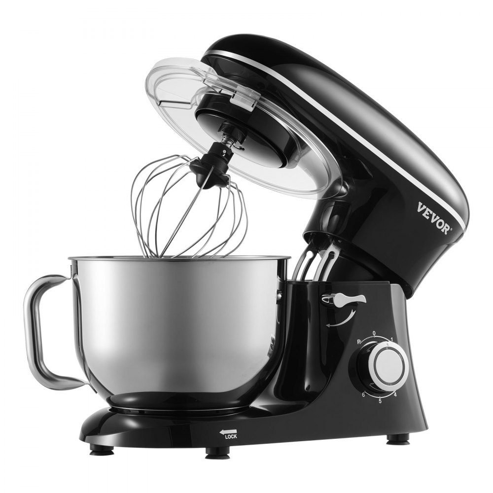 Robot culinaire Mélangeur de pâte 1400 W 5,68 L Robot culinaire à tête inclinable Bol en acier inoxydable Crochet pétrisseur Fouet Grattoir Robot culinaire domestique pour la cuisson et le mélange Noir