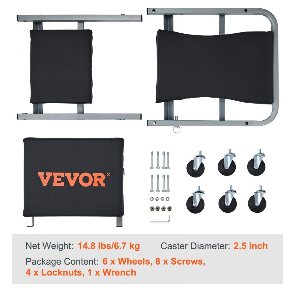 2 in 1 car workshop rolling board, workshop lounger, assembly lounger, workshop stool, 915 x 415 x 128 mm, assembly rolling board seat, steel + vinyl, 360° rotating wheels, folding seat, load capacity up to 136 kg, rolling lounger