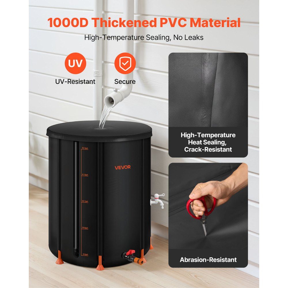Foldable Rain Barrel 201L Portable Rain Barrel Rainwater Tank 1000D PVC Rainwater Collection System Water Tank Rainwater Barrel with Faucet and Overflow Kit Black