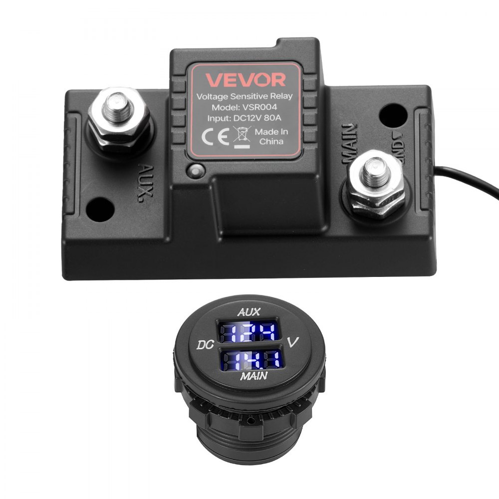 Dual Battery Disconnect Relay Kit, 12V 80A 0.6m 13.3mm² (6AWG) VSR Voltage Sensitive Relay with Voltmeter LCD Screen Battery Isolator Switch Compatible with Lead Acid Batteries for UTV ATV