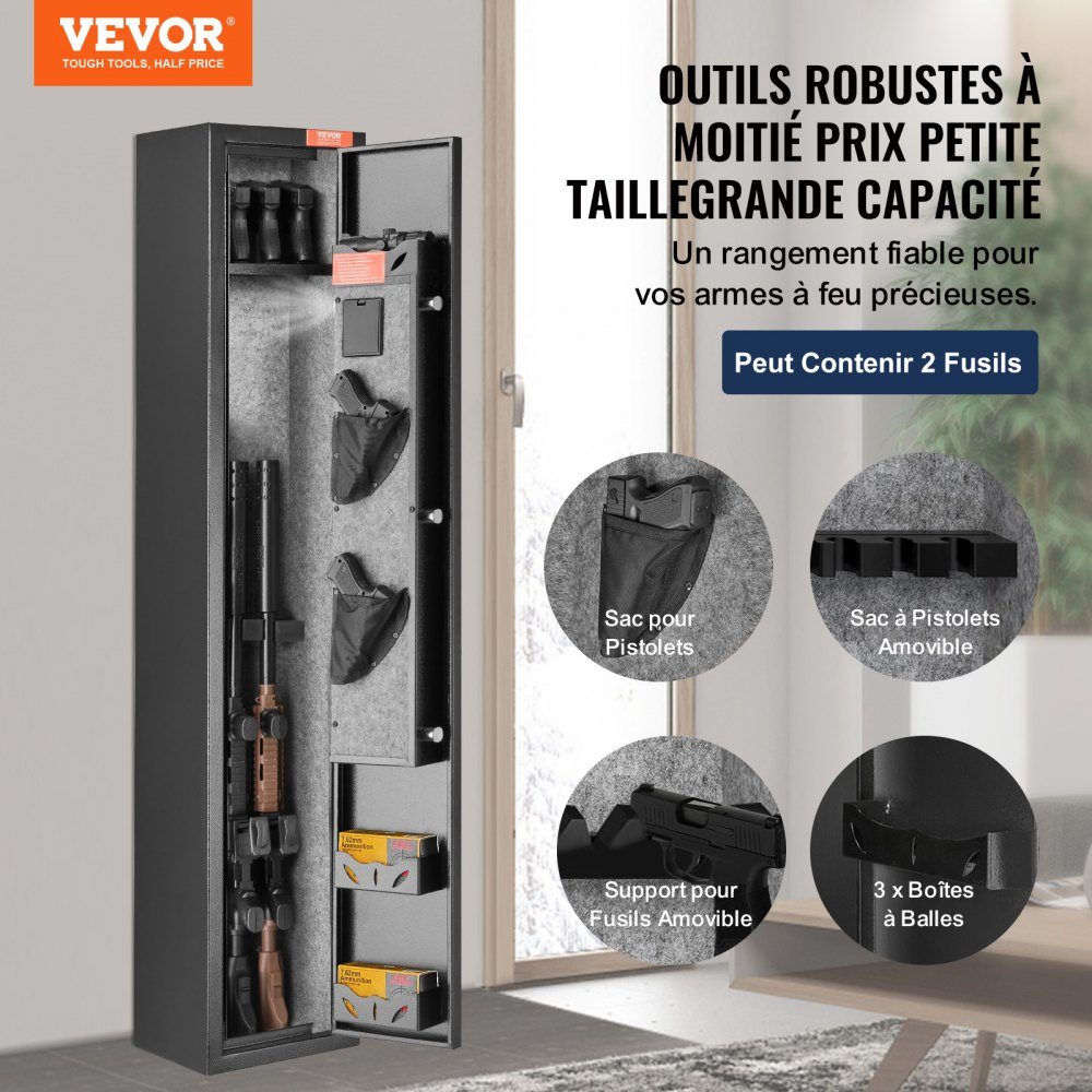 Gun safe for 2 rifles & 4 pistols, gun safe with lock & digital keyboard, gun safe with removable shelf, long gun safe, gun safe black