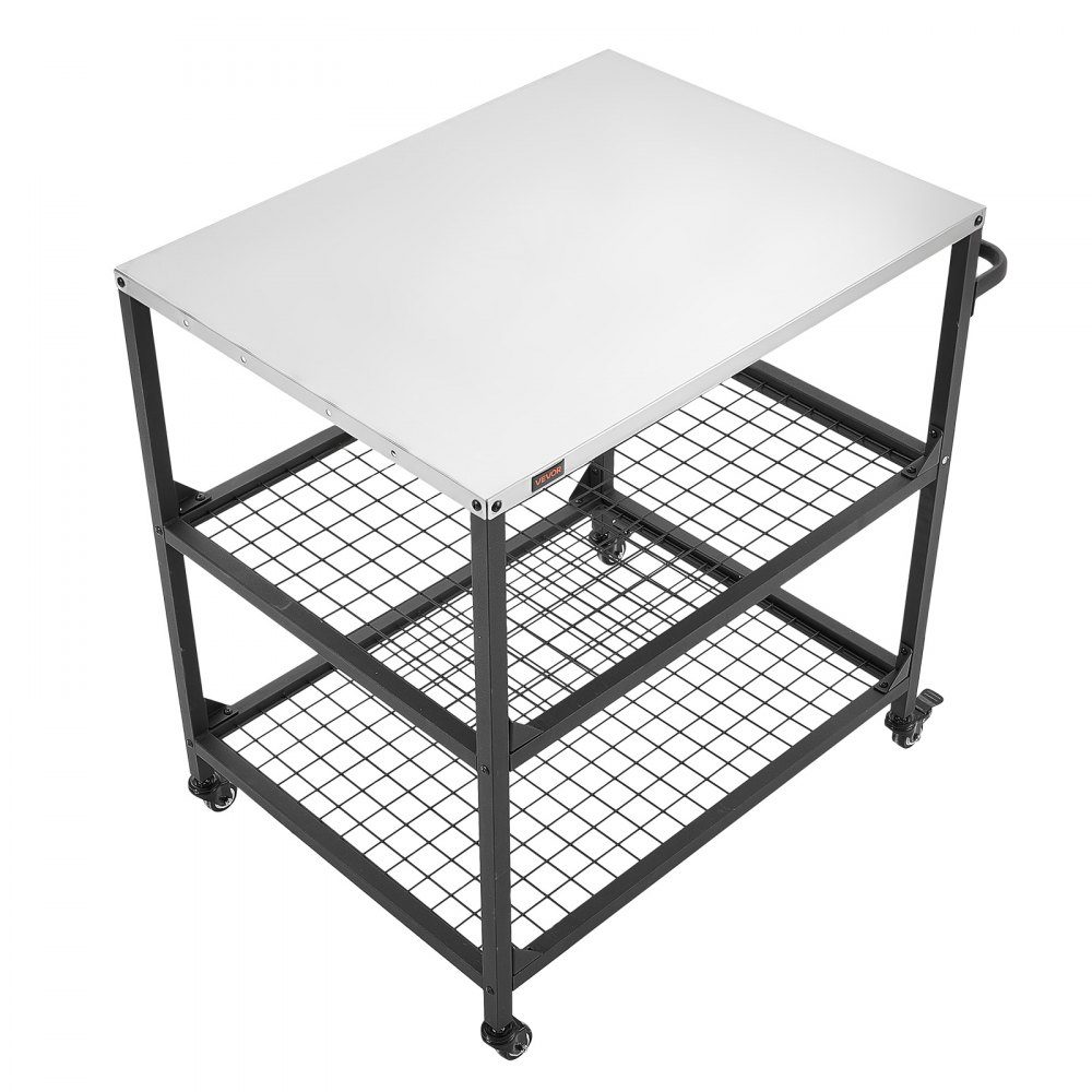 Chariot barbecue extérieur 80 x 61 cm (taille plateau table), table barbecue roulante avec poignée latérale & 2 étagères grillagées & 4 roulettes, table de préparation barbecue, chariot de service pour pique-nique, cuisine, jardin