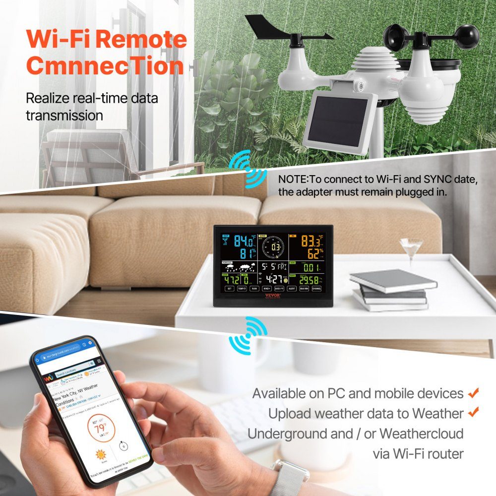 Professioneel WiFi-weerstation, 7-in-1 weercentrum op zonne-energie, 190,5 mm (7,5 inch) display, 150 m zendbereik, buitensensor voor windsnelheid, windrichting, temperatuur, vochtigheid, neerslag