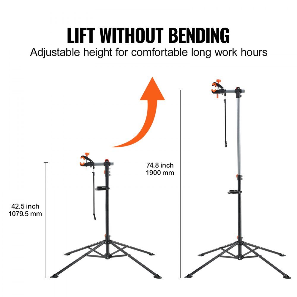 Support de réparation de vélo Support de réparation de vélo, support de réparation de vélo, support de réparation robuste 36,3 kg, support de vélo réglable en hauteur de 1079,5 à 1900 mm avec quatre pieds, noir