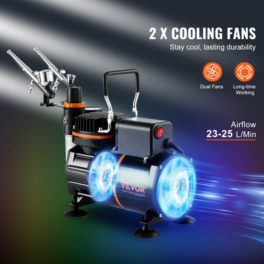 Airbrush-set, luchtcompressor met dubbele ventilator, professionele airbrush-systeemset met 3 airbrushes, houder, verfmengwiel, reinigingsborstelset, airbrush-set voor kunst, nagels, koekjes, make-up, K