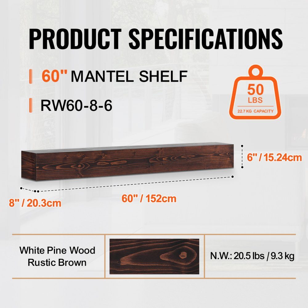 Manteau de cheminée 60" x 8" x 6" Charge de 50 lb Manteau de cheminée en bois naturel sur cheminée flottante étagère murale de ferme faite à la main décoration murale marron rustique