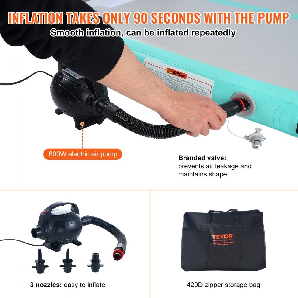 Gymnastik-Luftmatte, 10 cm dick, aufblasbare Gymnastik-Tumbling-Matte, Tumbling-Bahn mit elektrischer Pumpe, Trainingsmatten für den Heimgebrauch/Fitnessstudio/Yoga/Cheerleading/Strand/Park, Grün