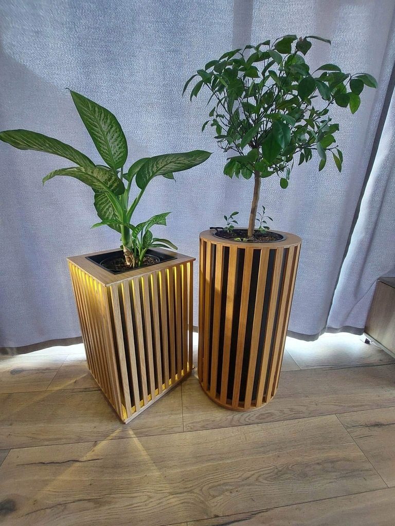 Pot de fleur fait main en lattes de chêne carré 2en1 éclairage LED 33cm