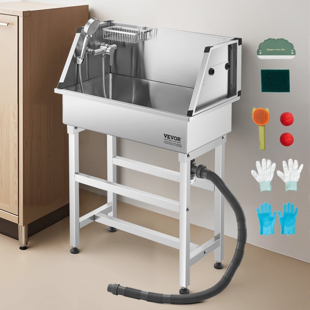 Stainless Steel Dog Washing Station, 870 x 490 x 1225mm Pet Grooming Tub with Faucet, Shower Head, Soap Holder and Toy Balls, Multi-Pet Bathtub, Home Sink