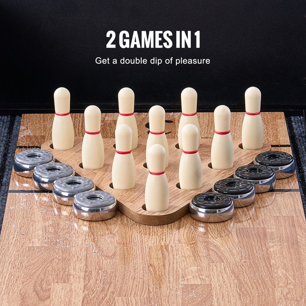Shuffleboard Table, 9ft Shuffleboard with LED Lights for Family Game Room, 2 in 1 Shuffleboard and Bowling Combo Game Set, with Anti-Scratch Board, Legs, 8 Pucks, Bowling Set, Wax, Brush