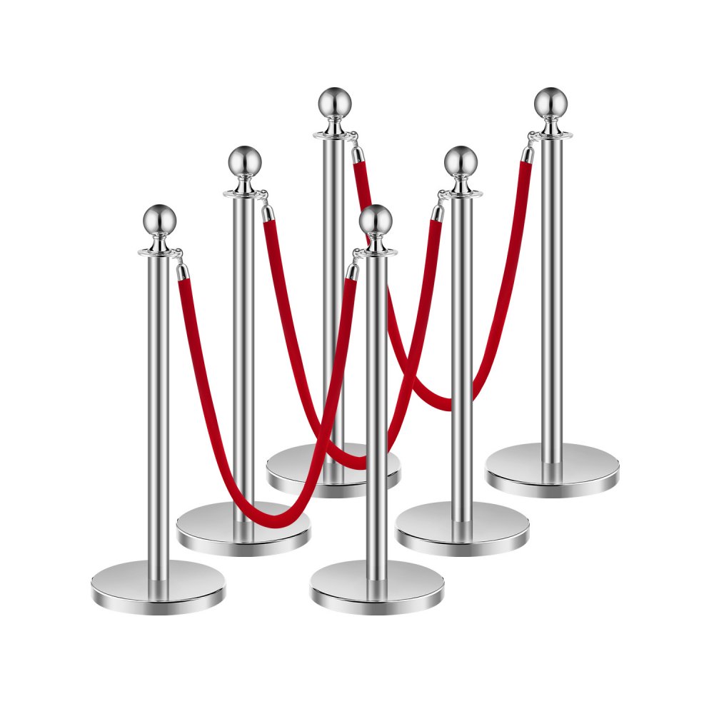 Barrier posts (6 pieces) for crowd control with 3 red velvet ropes (1.5 m long), barrier stand made of stainless steel with refillable base for exhibitions, silver