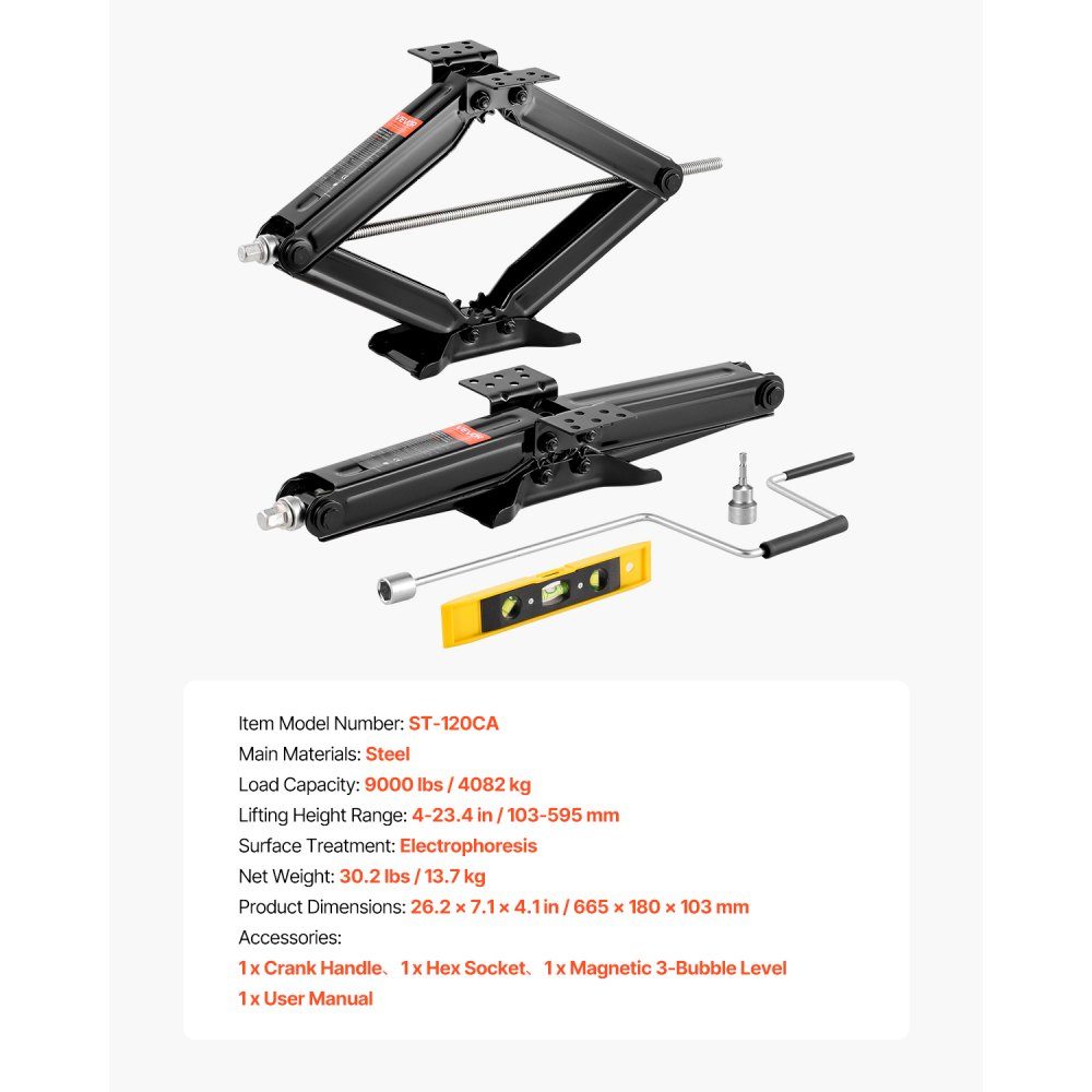 Camperschaarkrik met handslinger, dopsleutel en waterpas (2 stuks). Stabilisator nivellering 103-595 mm hefhoogte stabilisatorkrik 4082 kg draagvermogen