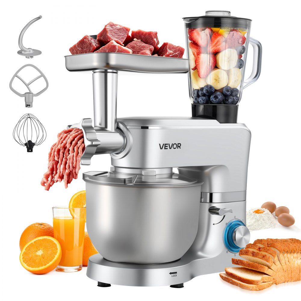 Multifunctional electric food processor 1500 W with stainless steel bowl (6 l) and mixing cup (1.5 l), kneading machine, dough mixer with 6+P speeds, dough hook, whisk and beater