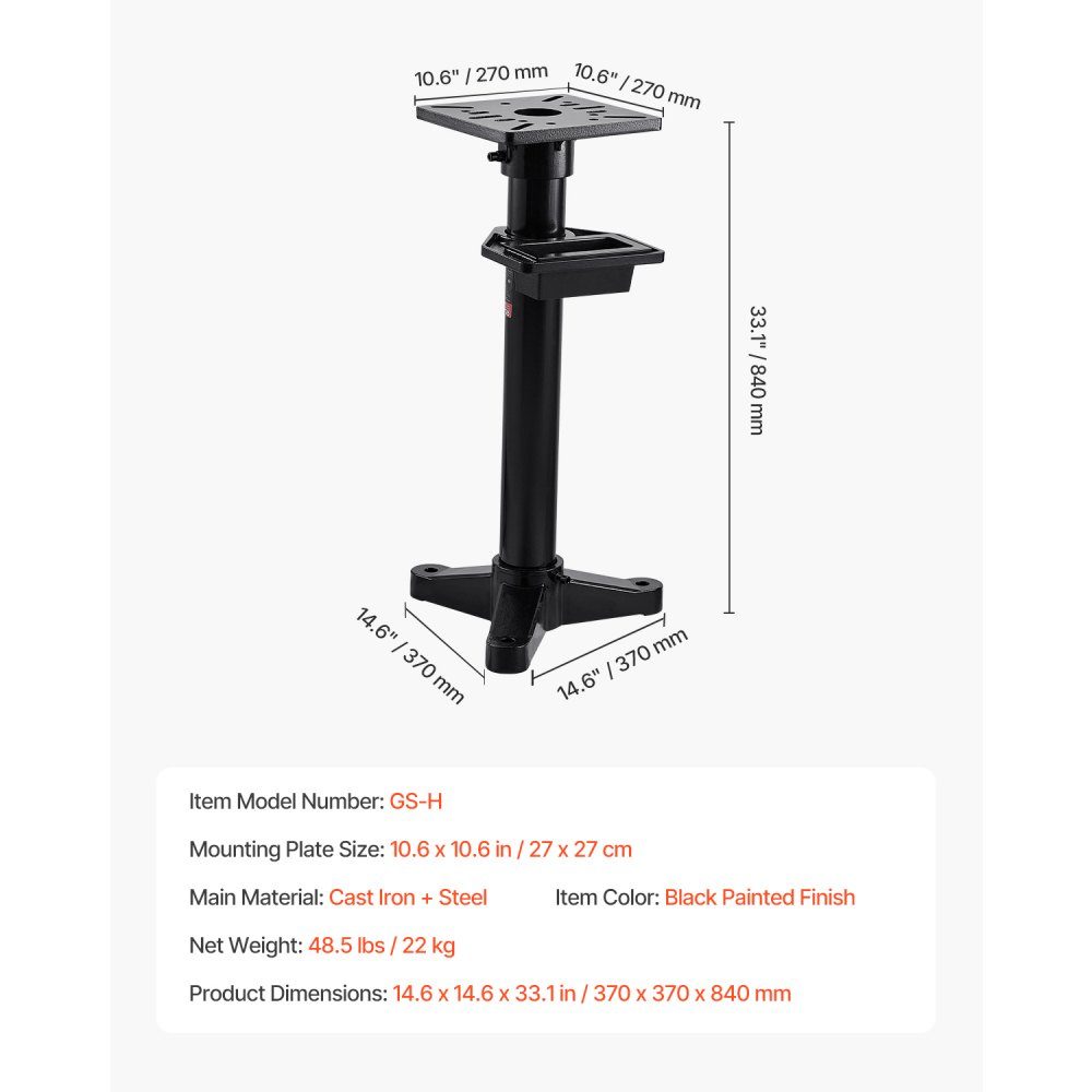 Bench grinder stand, vise floor base with 27 x 27 cm mounting plate, pre-cut mounting slots and water container, compatible with most bench grinders
