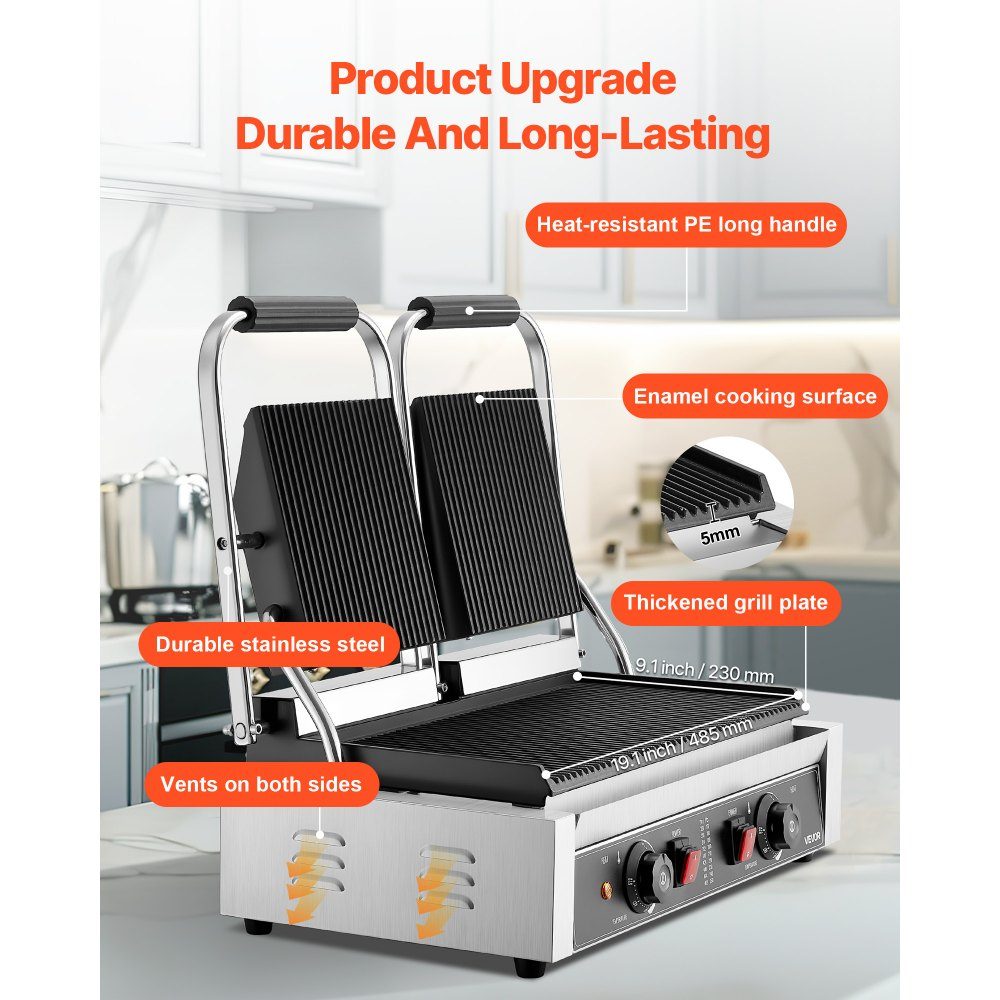Commercial Contact Grill 3600W Electric Grill Sandwich Maker (Double Baking Plates) Stainless Steel Panini Press with Temperature Control, 48x23cm Grooved Enamel Plate for Hamburger Steak Bacon