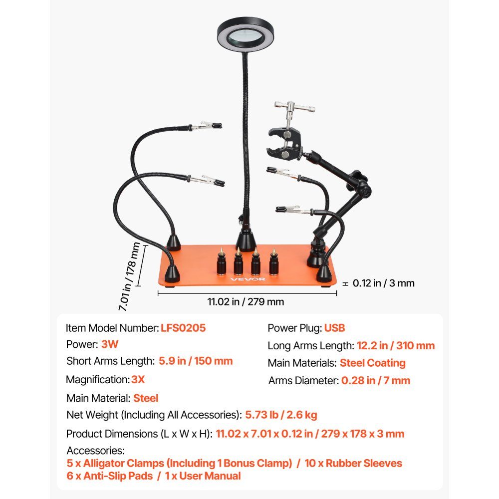 Third-hand soldering aid, magnetic soldering station, with 3x LED magnifying lamp, 4 circuit board holders & 360 degree hot air gun holder, base station for repairs, crafts & hobbies