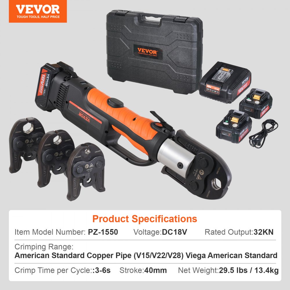 Presswerkzeug- und Akku-Set, 32 kN Rohr-Crimpzange, elektrische Rohr-Crimpzange mit V15-, V22-, V28-Backen, Presswerkzeug-Set mit 2 Stück 18 V 4,0 Ah Akku, Schnellladegerät und Tragetasche Presswerkzeug- und Akku-Set, 32 kN Rohr-Crimpzange, elektrische Rohr-Crimpzange mit V15-, V22-, V28-Backen, Presswerkzeug-Set mit 2 Stück 18 V 4,0 Ah Akku, Schnellladegerät und Tragetasche