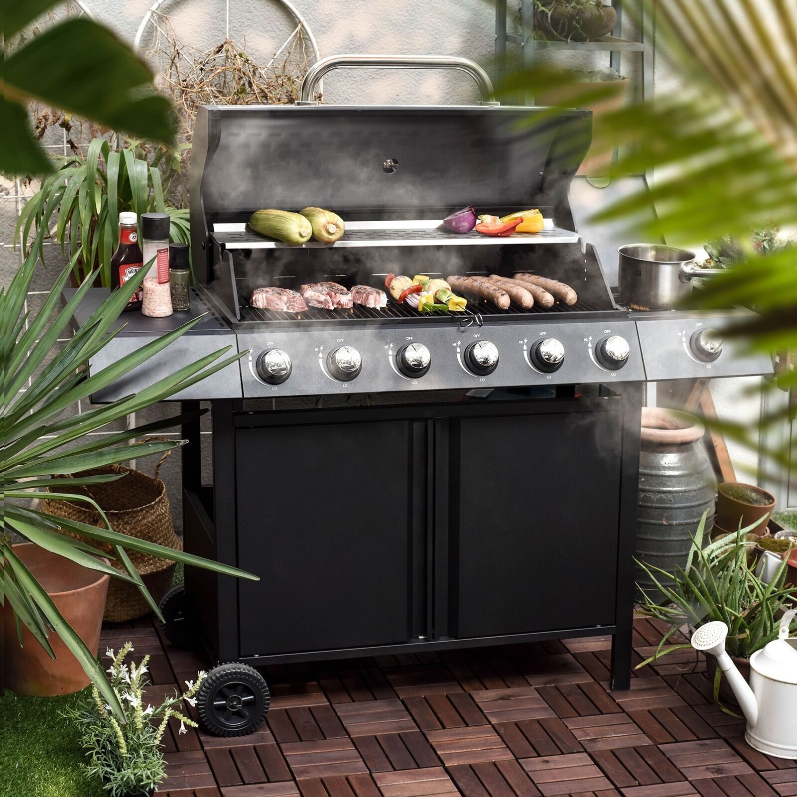 Kompletny stojak na grill gazowy grill grill wózek grill 6+1 stal nierdzewna z bocznym palnikiem