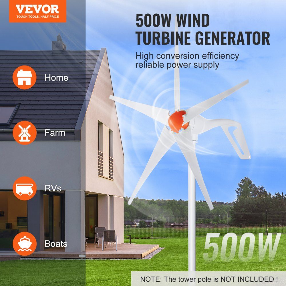 500 W windturbine, 12 V windgenerator, 5-bladige windenergiegenerator met MPPT-controller, instelbare windrichting en 2,5 m/s startwindsnelheid, geschikt voor campers, boten op de boerderij thuis