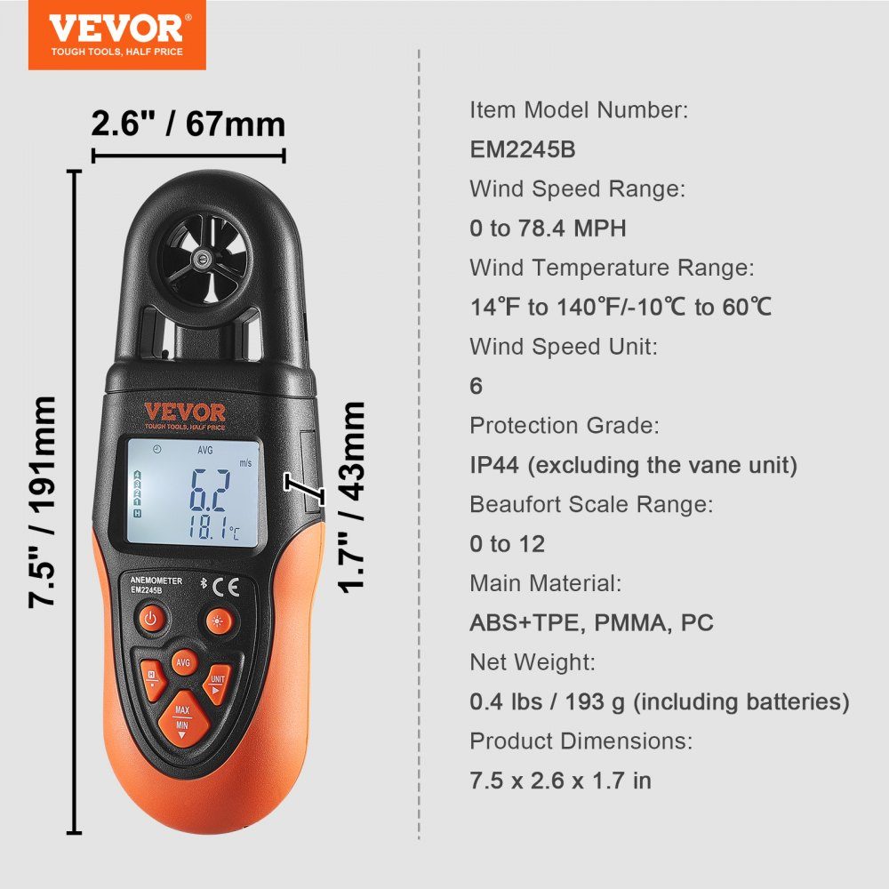 Anemometer 78,4 MPH Luftgeschwindigkeitsmesser 191 x 67 x 43 mm Anemometer IP44 Windmesser Windstärkemesser MAX/MIN/AVG/CU Windgeschwindigkeitsdaten Bluetooth-Geschwindigkeitsmesser