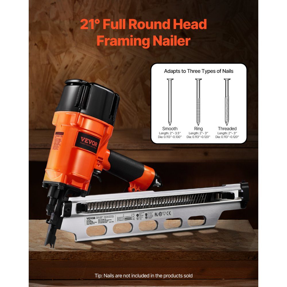 Air Nailer 50 to 90mm 21 Degree Round Head Pneumatic Nail Gun with Dual Trigger Modes and Depth Adjustment 80-120 PSI Pro Air Nailer for Framing, Flooring and Decking