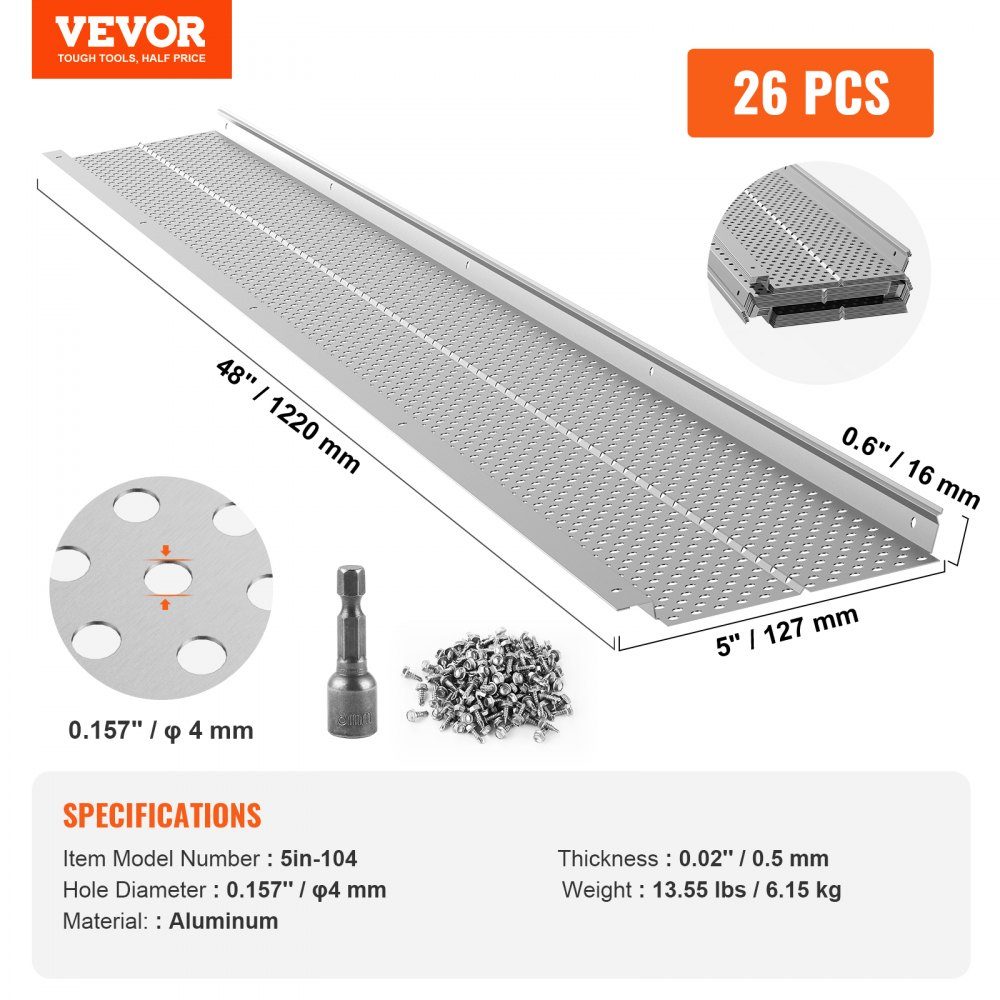 Osłona rynny 5-calowy szeroki aluminiowy filtr liściowy Domowa osłona rynny 26 szt. Całkowita długość 100 stóp φ 4 mm średnica otworu i grubość 0,5 mm Nadaje się do każdego typu rynny