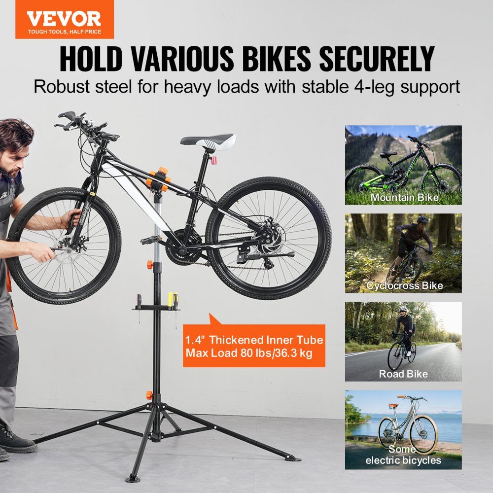 Support de réparation de vélo Support de réparation de vélo, support de réparation de vélo, support de réparation robuste 36,3 kg, support de vélo réglable en hauteur de 1079,5 à 1900 mm avec quatre pieds, noir