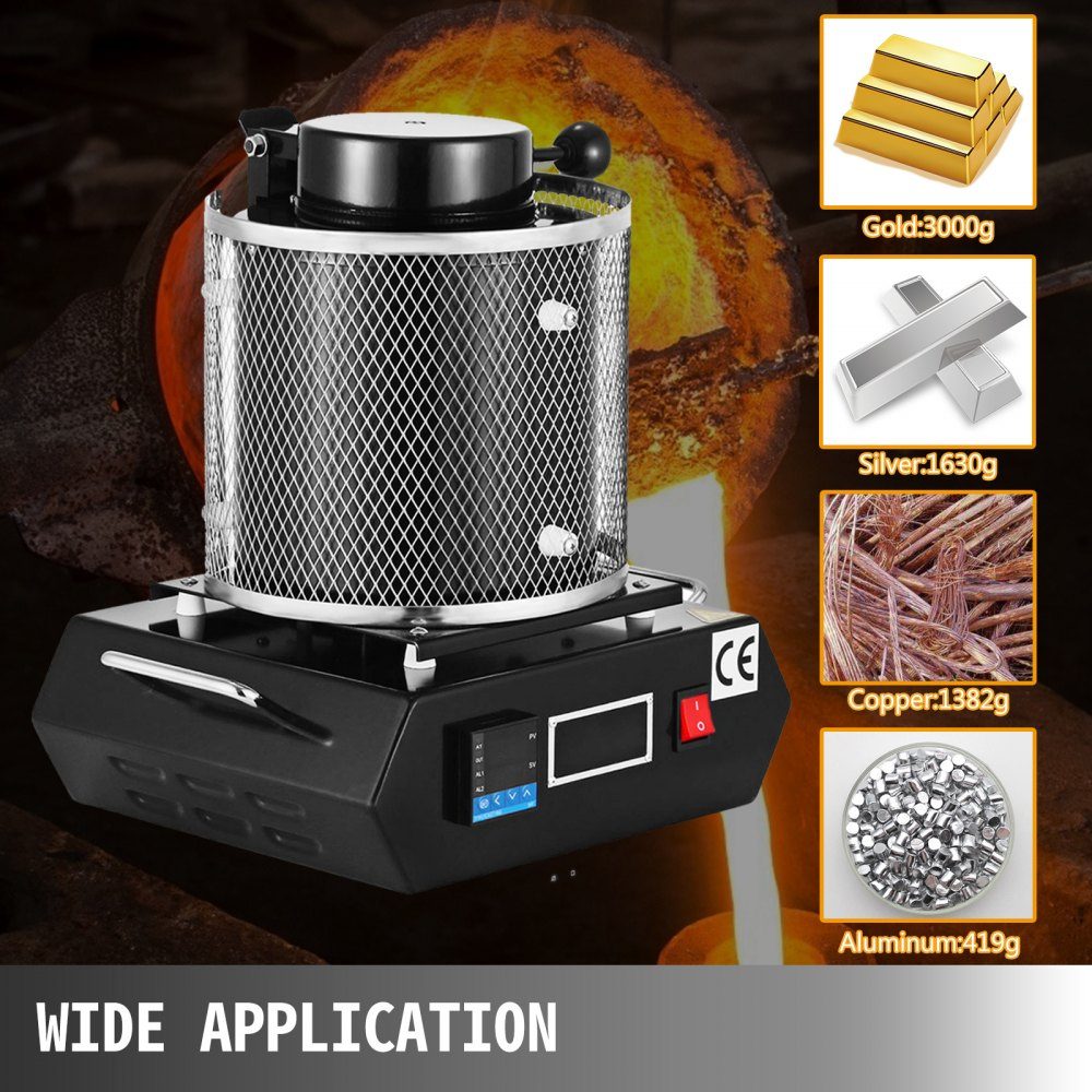 Gold Melting Furnace 1350W 1150℃ Maximum Temperature Digital Electric Melting Furnace 3kg Ceramic Crucible for Casting and Refining Precious Metals Processing Gold Silver Aluminum