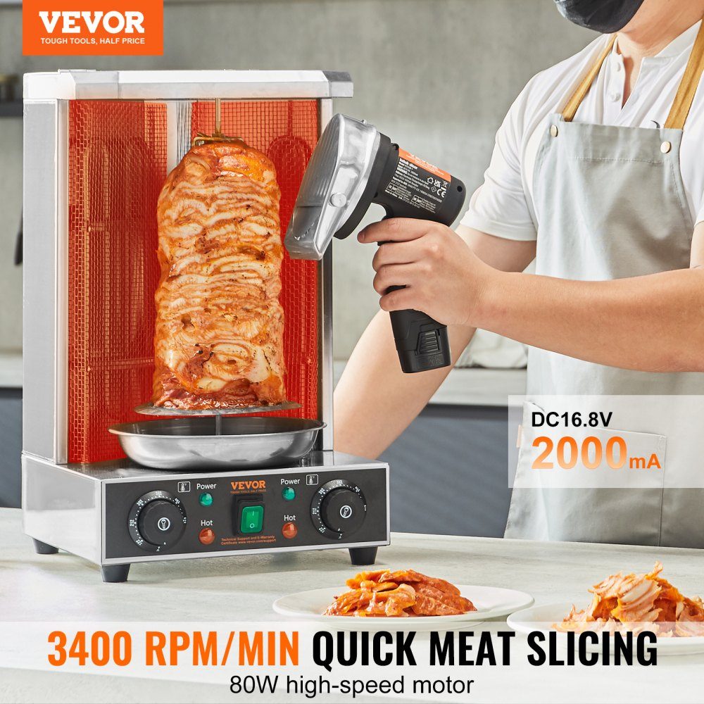 Donner Cutter 80 W Kebab Cutter, couteau électrique sans fil Gyros, couteau turc Shawarma Doner 0-8 mm d'épaisseur réglable, coupe-kebab commercial avec lames de 100 mm noir