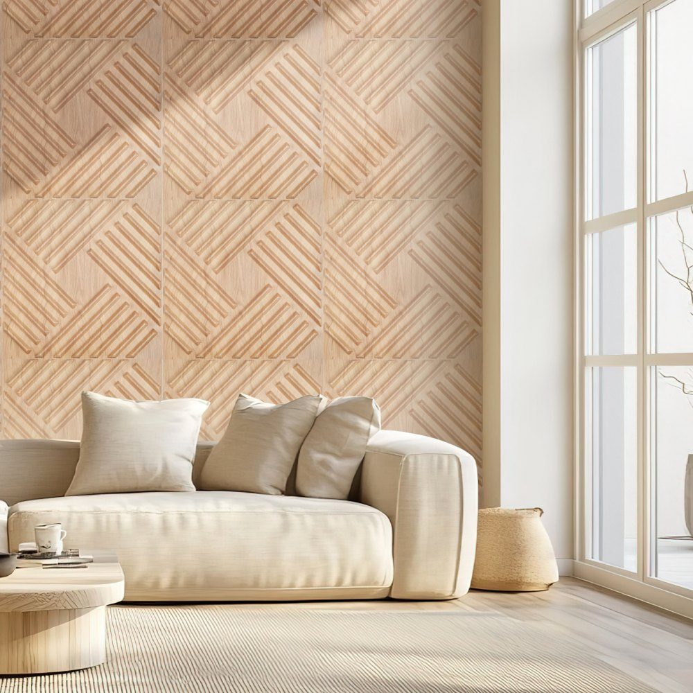 3D Wall Panels Set of 12 150x50cm Modern Minimalist Style PVC Wall Panels 2.97m² Area Interior for Bedroom Living Room Playroom Light Wood Color
