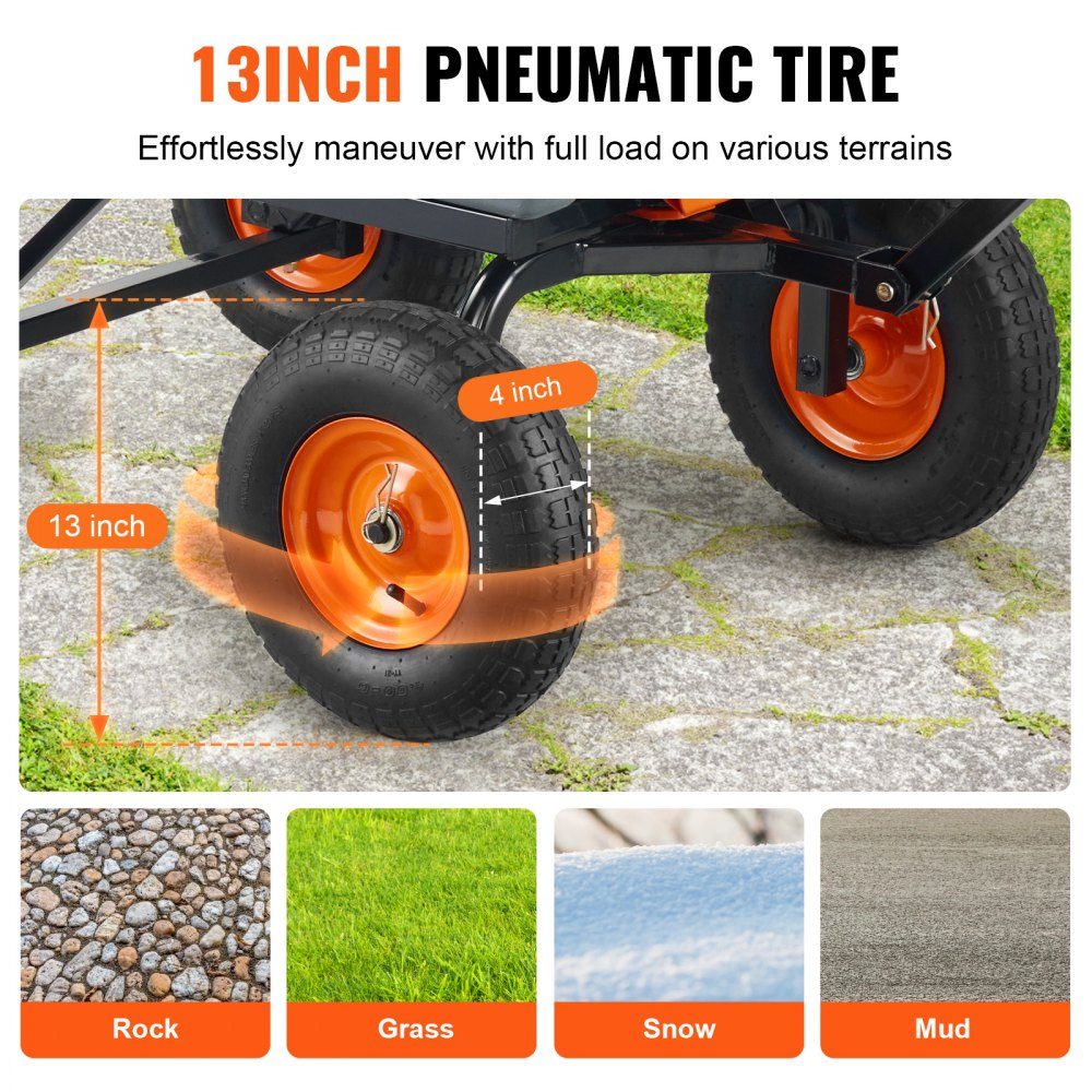 Trolley, Garden Cart with Easy to Assemble Steel Frame, Garden Cart with 2-in-1 Convertible Handle, Multi-Purpose Wheelbarrow with 680kg Load Capacity, 33cm Tires