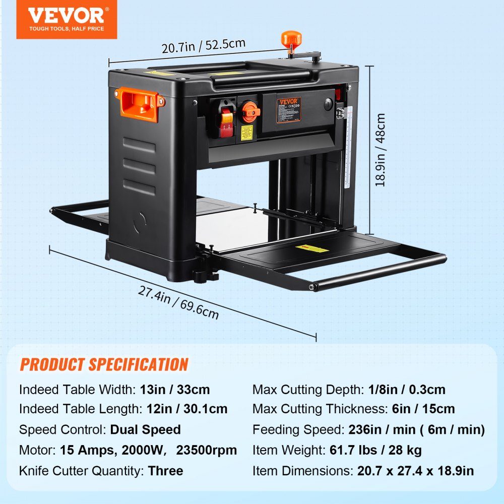 Thickness planer, 2000 W power, thickness planer, 3 planer blades, planer, 23500 rpm, planing width 33 cm, max. cutting thickness 15 cm Table planer 52.5 x 69.6 x 48 cm Ideal for woodworking