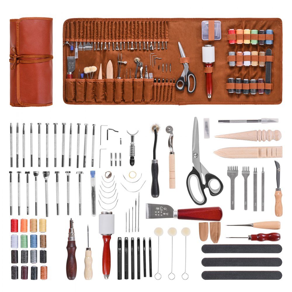 Ensemble d'outils d'artisanat du cuir de 92 pièces avec sac de rangement portable en toile, outils graphiques, outil de poinçonnage, outils de couture, outils de coupe, idéal pour les débutants professionnels du bricolage
