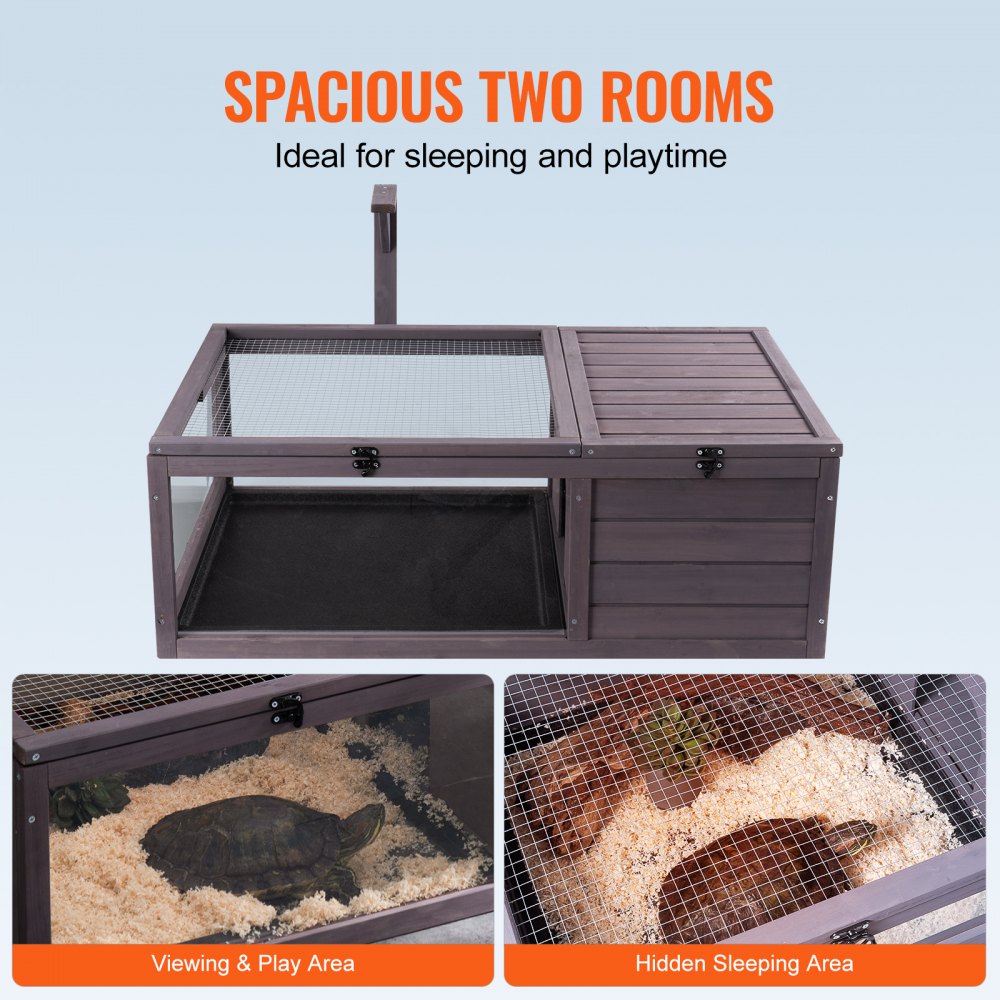 Habitat pour tortues, maison en bois pour tortues pour intérieur et extérieur, enclos pour tortues avec support de lumière suspendu, enclos pour reptiles 2 pièces, cage pour petits animaux pour geckos, lézards, serpents, 96,5 x 61 x 33 cm