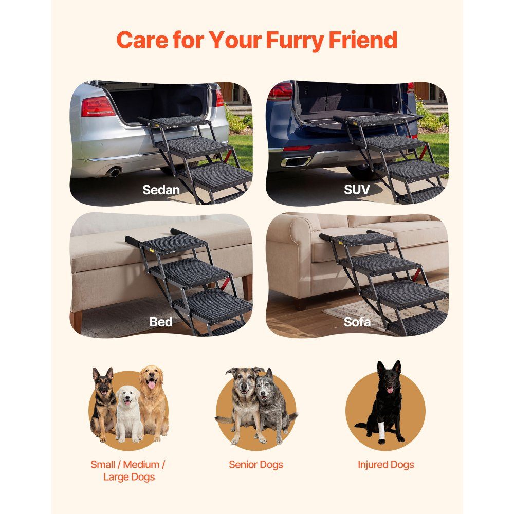 Dog stairs car foldable 4 steps, extra wide dog ramp for large dogs with soft felt carpet, portable entry aid for cars, SUVs, trucks, loft beds, sofas, load capacity up to 90 kg