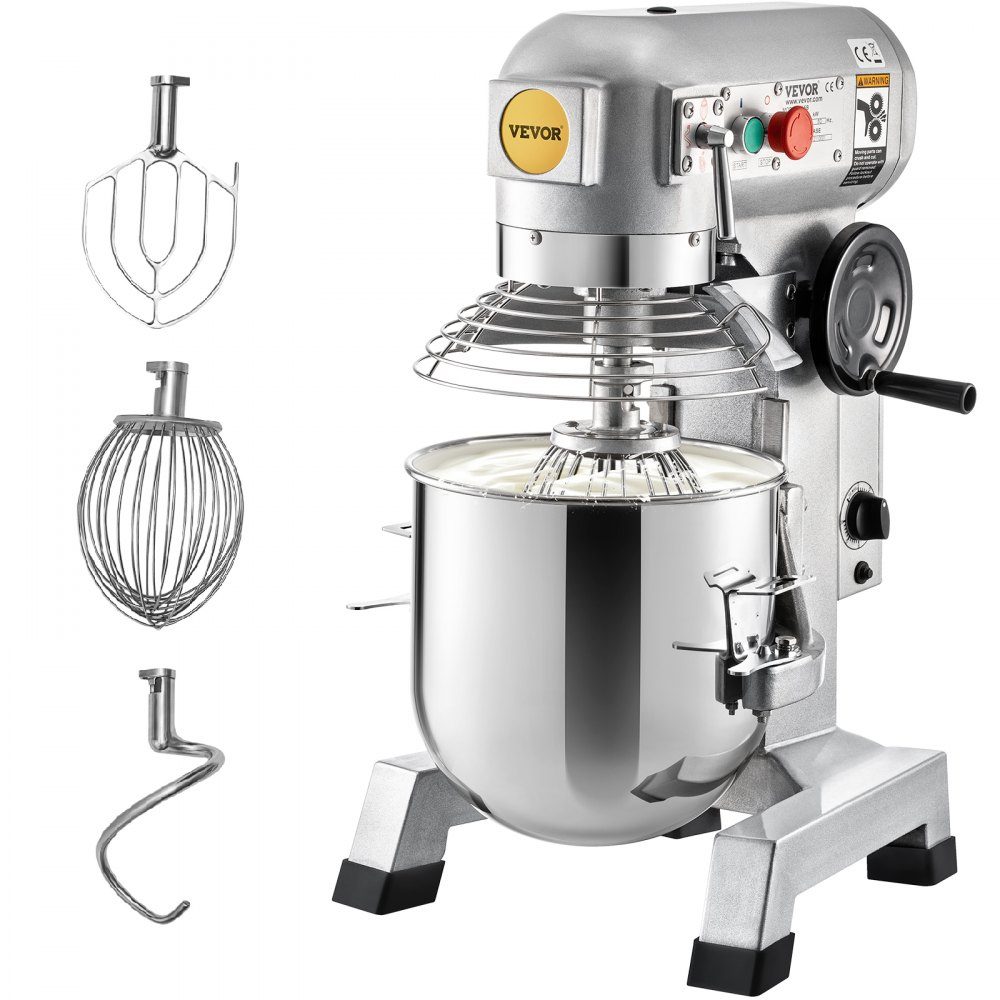 Kneading machine food processor, 14L bowl capacity kneading machine, 3-speed whisk, dough hook, wire rope, stainless steel bowl dough machine 500W, silver food processor timer function