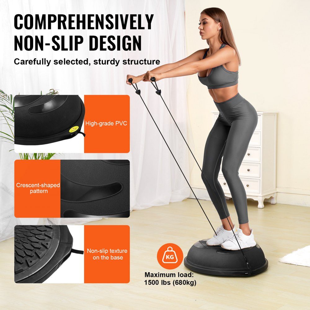Halve oefenbaltrainer, 26" balansbaltrainer, draagvermogen van 680 kg, stabiliteitsbal, yogabal met weerstandsbanden en voetpomp, krachtfitnessbal voor thuis, sportschool, zwart