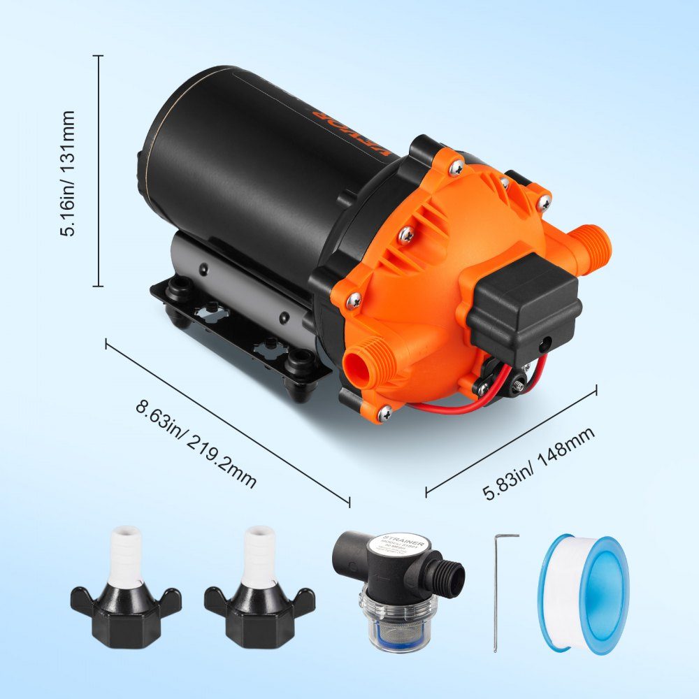 Water Diaphragm Pump, 12V DC, 5.5 GPM Flow, 70 PSI Rated Pressure (40-100 PSI Adjustable), 1/2" MNPT Self-Priming Spray Pump with Pressure Switch for RV, RV, Marine, Boat, Lawn, FCC Certified