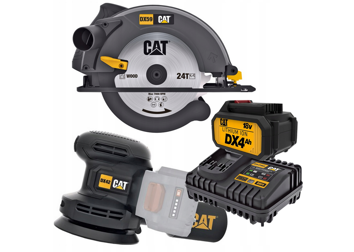 Scie circulaire à main CAT DX59 1400W 185mm, ponceuse excentrique sans balais, ensemble avec batterie et chargeur CAT DX42B 18V 125mm Scie circulaire à main CAT DX59 1400W 185mm, ponceuse excentrique sans balais, ensemble avec batterie et chargeur CAT DX42B 18V 125mm