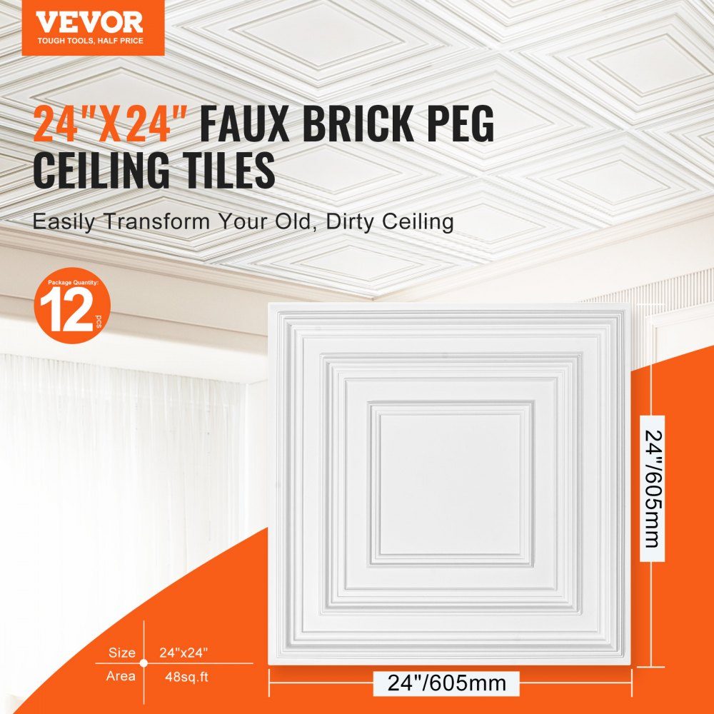 Ceiling Tiles, 12 Pack 24x24 Inch Suspended Ceiling Tiles Made of High Quality PVC Board, Easy Installation/Cutting, Stick-On Plastic Ceiling Tiles, Ceiling Panel for Home/Office Decoration, White Pen Pattern