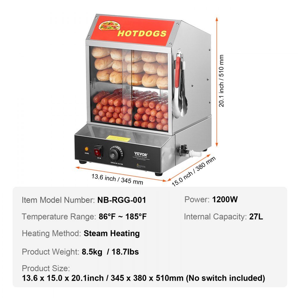 Parowiec do hot dogów, 2-poziomowy parowiec do hot dogów, 27 l, regulacja temperatury 30 ℃ ~ 85 ℃, elektryczny podgrzewacz bułek z drzwiami przesuwnymi z hartowanego szkła, szczypce do płytek oddzielających, stal nierdzewna, do hot dogów i bułek