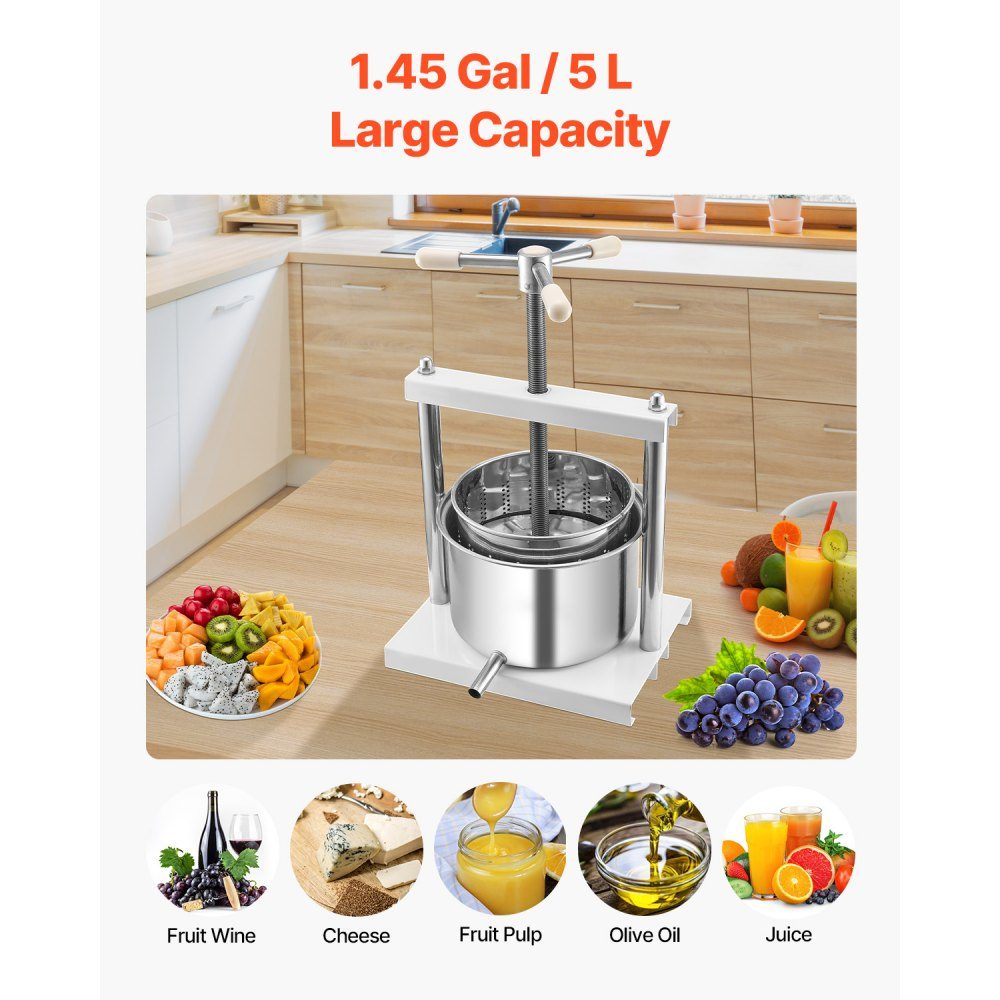 Fruit Wine Press, Fruit Grinder (5L), with 2 Stainless Steel Barrels, Manual Juicer for Wine Making, Cider Press, Apple Press, Grape Press, Olive Oil Press with Triangular Handle for Kitchen