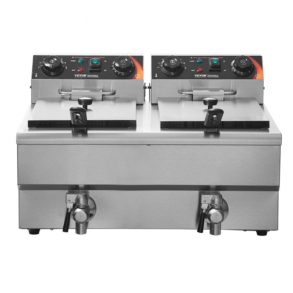 Commerciële friteuse 2 x 8L, 3KW elektrische aanrechtfriteuse met dubbele tank en mand, roestvrijstalen dubbele oliefriteuse, tijd- en temperatuurregeling, voor keukenrestaurants