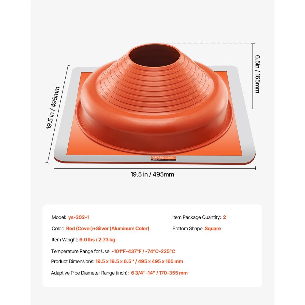 2 stuks buismanchet, geschikt voor buisbuitendiameter 170-355 mm, siliconen dakdoorvoer, dakafdichtingsflens -74℃-225℃, metalen basis, voor schoorsteen, houtkachel en ventilatiebuizen voor buiten