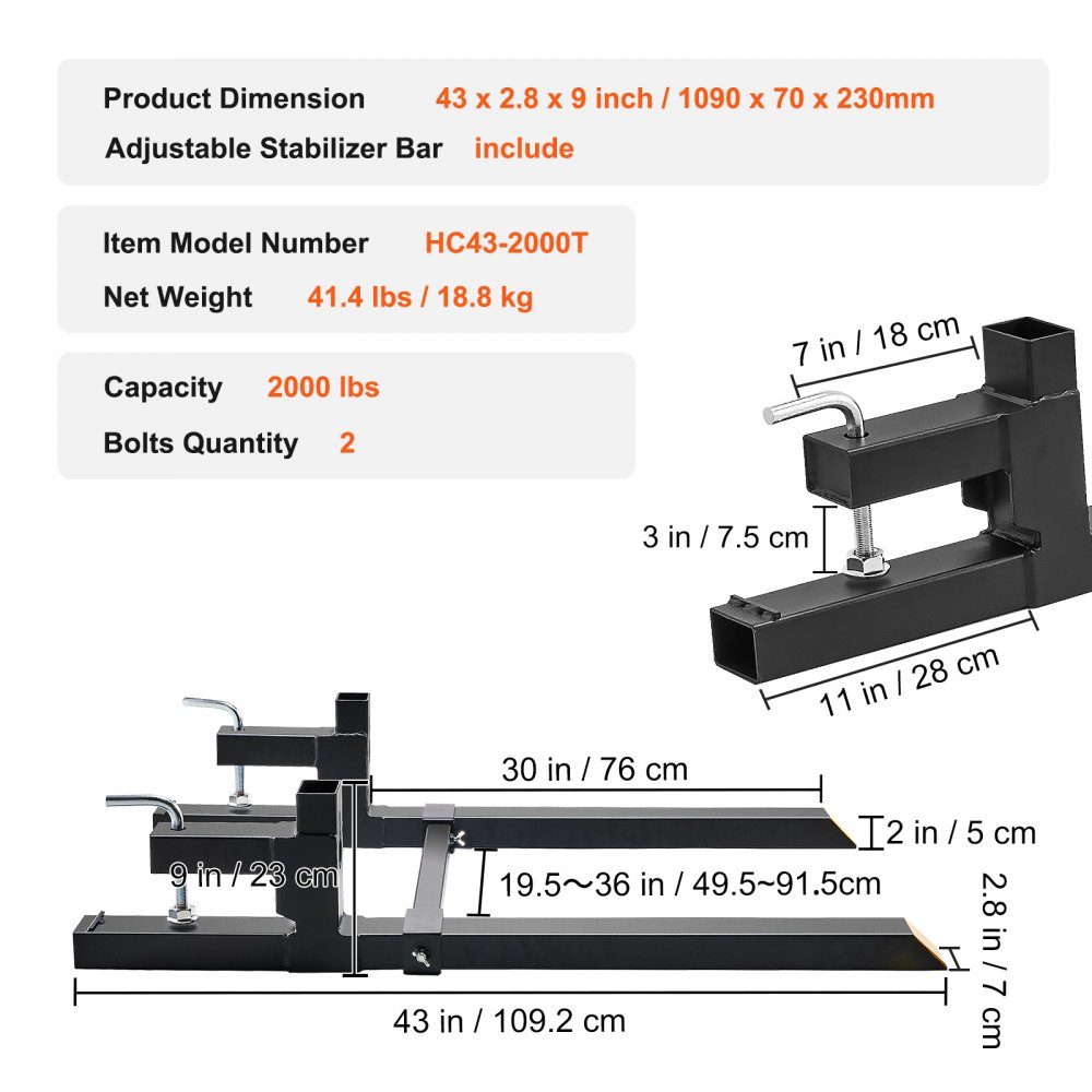 Palettengabel 1090x70x230mm Gabelträger 907kg Tragkraft Gabelzinken 109cm Gesamtlänge mit 76cm Gabelblatt Gabelstapler 495-915mm verstellbare Gabelzinken Frontlader Palettenrahmen