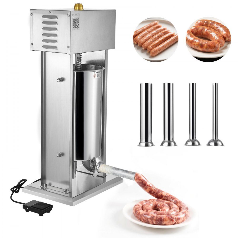 Electric Sausage Filler 15L Sausage Filling Machine Meat Filler with Stepless Speed ​​Control & Pedal, High Performance Stainless Steel Filler with 4 Sausage Filling Tubes, Meat Filling