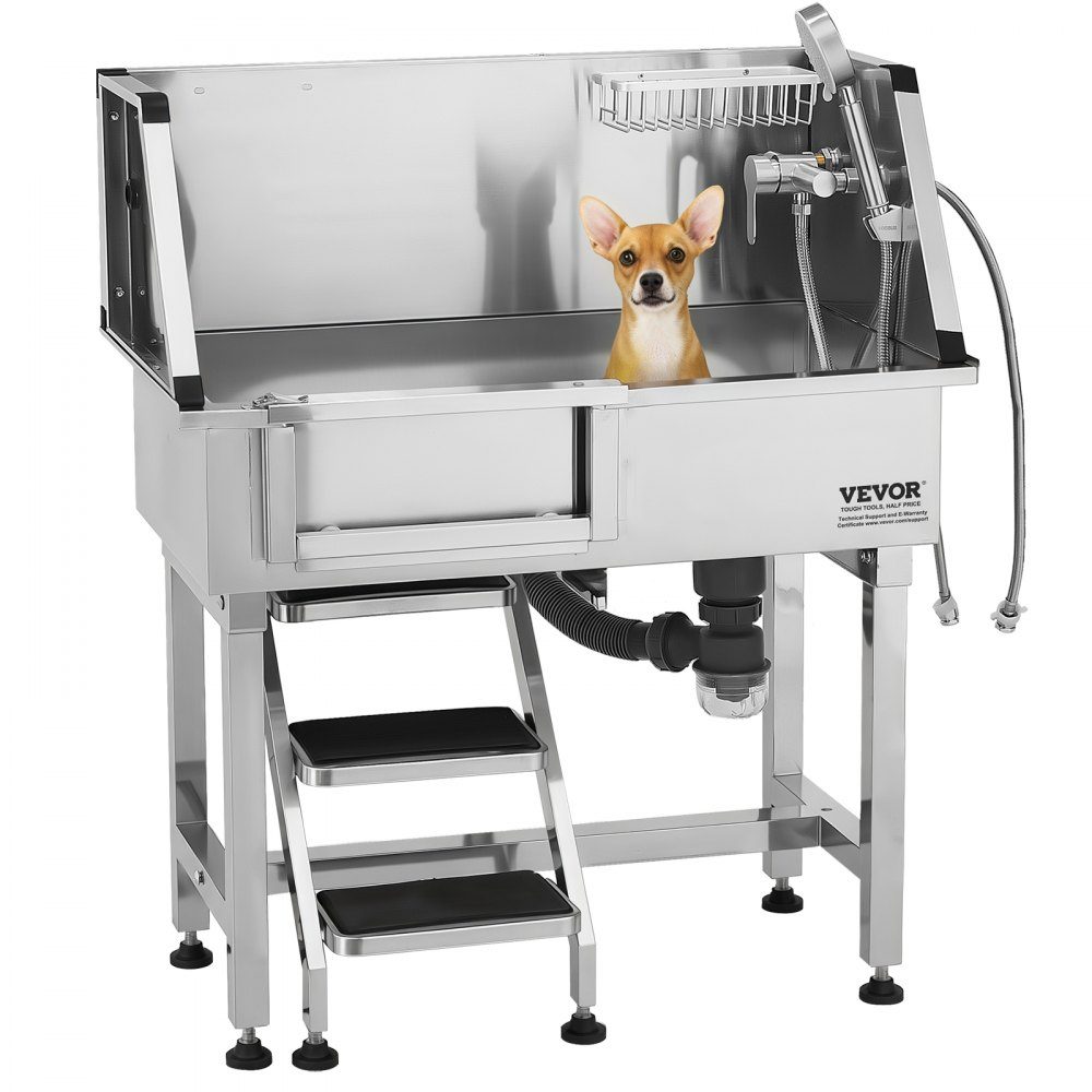 Hundewaschstation aus Edelstahl, 870 x 488 x 1025 mm, Haustierpflegewanne mit Aufbewahrungstreppe, Wasserhahn, Duschkopf und Seifenhalter, Hundebadewanne, für mittlere und kleine Haustiere (linke Tür)