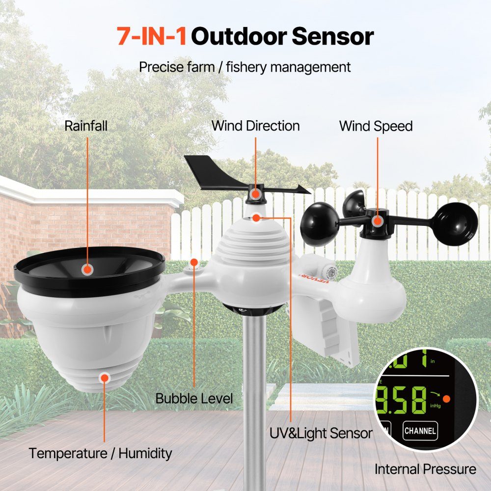 Professioneel WiFi-weerstation, 7-in-1 weercentrum op zonne-energie, 190,5 mm (7,5 inch) display, 150 m zendbereik, buitensensor voor windsnelheid, windrichting, temperatuur, vochtigheid, neerslag